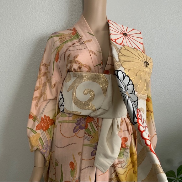 Vintage 70s Mod Floral Embroidered Fabric Obi Belt
